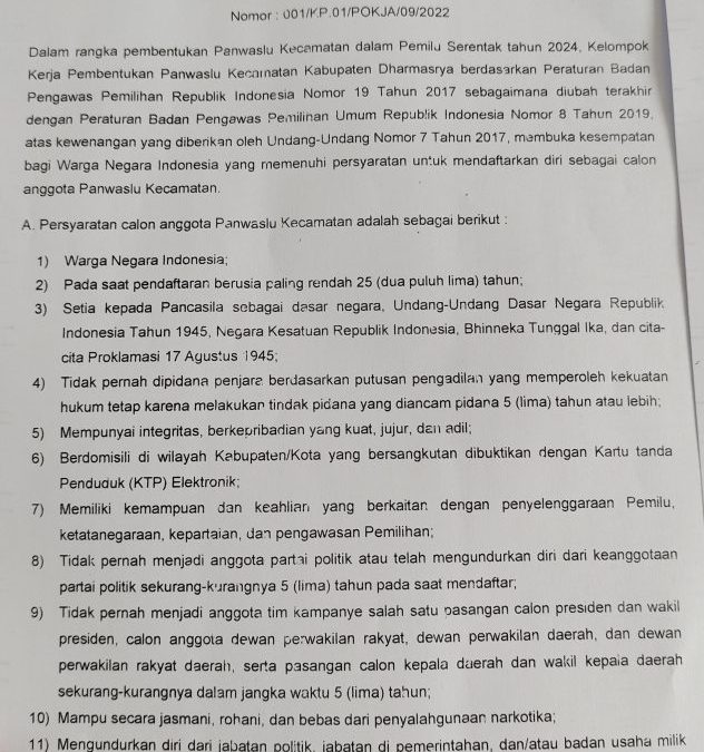 Pengumuman Pendaftaran Calon Anggota Panwaslu Kecamatan Dalam Rangka Pemilu Serentak Tahun 2024